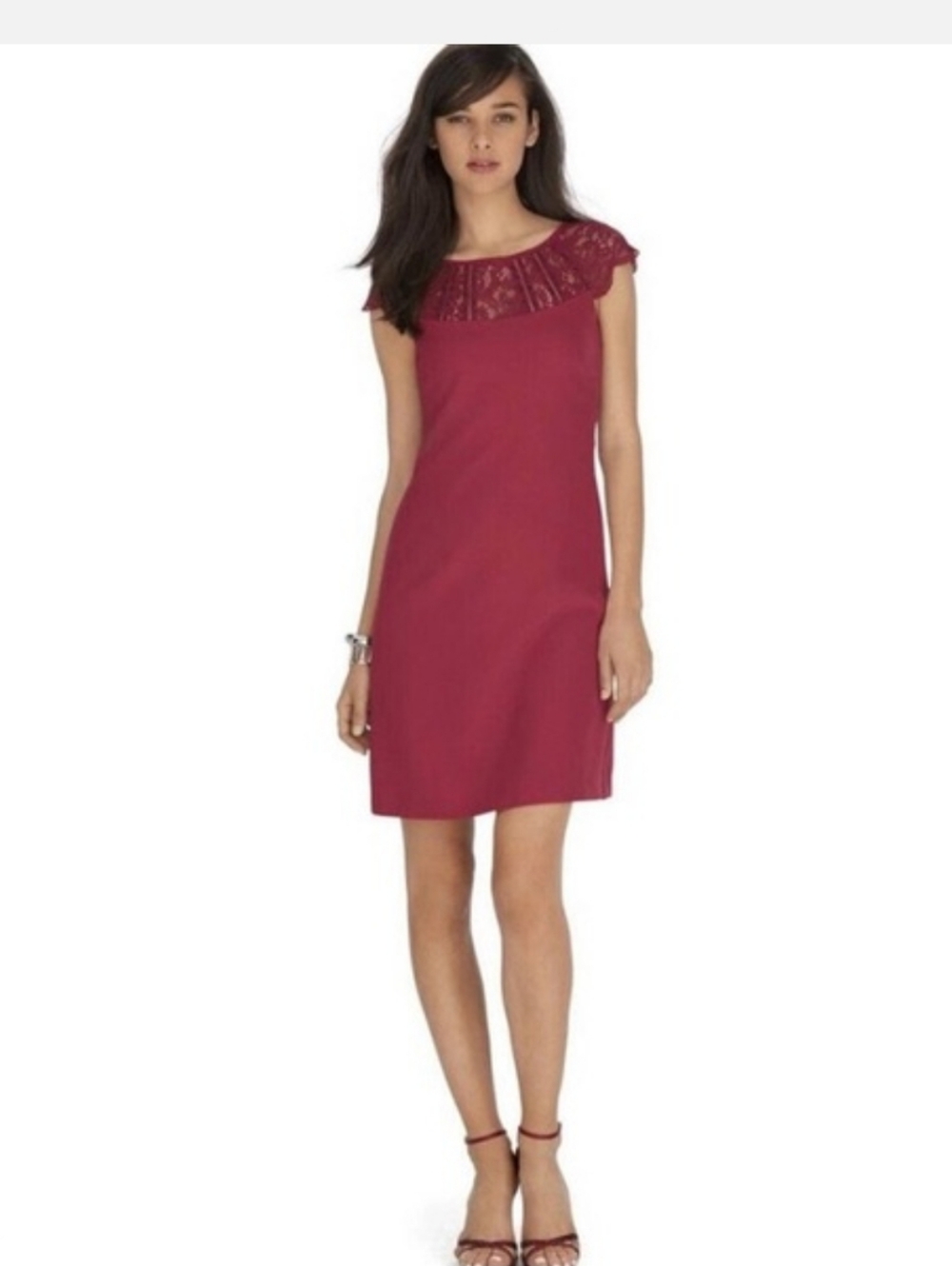White House Black Market Burgundy Lace Neck Cap Sleeve Shirt Dress Size 8